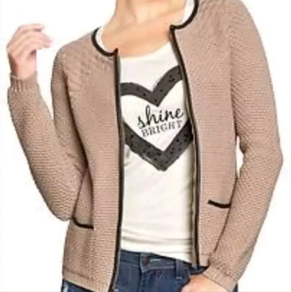 Old Navy Cardigan Sweater Jacket Woman XXL Baggy Beige Vegan Leather Trimmed